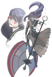 1girl axe blood blood_on_face blood_splatter eyelashes female_focus full_body glasses highres holding holding_axe holding_weapon knee_socks last_defense_academy_school_uniform long_hair looking_at_viewer purple_hair red_eyes shizuhara_hiruko simple_background solo the_hundred_line_-last_defense_academy- weapon white_background