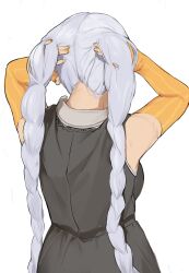 1girl braid detached_sleeves facing_away highres holding holding_own_hair kizuna_akari long_hair nail_polish nape pocche-ex sleeveless solo sweat twin_braids voiceroid white_background