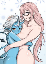2girls absurdres blue_skin blush breasts colored_skin commentary_request completely_nude earrings gasu_forgiven glasses hair_between_eyes highres horns hug jewelry large_breasts long_hair looking_at_viewer multiple_girls nude oni parted_lips pink_eyes pink_hair short_hair sidelocks soukaku_(zenless_zone_zero) textless_version tsukishiro_yanagi white_hair zenless_zone_zero