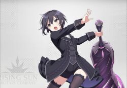 1girl black_coat black_hair black_jacket black_shorts black_thighhighs black_vest breasts chloe_tang club_(weapon) coat engage_kill engage_kiss formal_clothes frilled_shirt frills game_cg hair_between_eyes highres holding holding_club holding_weapon jacket light_blush long_sleeves medium_breasts non-web_source official_art open_mouth ribbon shirt short_hair shorts solo thighhighs vest weapon white_shirt yellow_eyes zettai_ryouiki