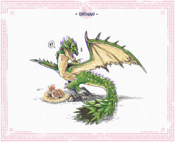 !? border character_name dragon egg eliz0r email_address hatching highres monster_hunter:_world monster_hunter_(series) nest no_humans notice_lines rathian signature simple_background spoken_interrobang tumblr_username wyvern
