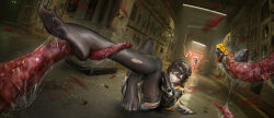 2girls axe black_hair black_jacket black_thighhighs blood blood_on_face bullet chinese_commentary commentary_request feet foot_focus grey_eyes gun hair_between_eyes headphones highres holding holding_another&#039;s_leg holding_axe holding_weapon indoors jacket johnblack lying medium_hair monster multicolored_jacket multiple_girls no_shoes on_back on_floor original pov running saliva short_shorts shorts shotgun soles tentacles thighhighs thighs toes torn_clothes torn_thighhighs weapon yellow_jacket
