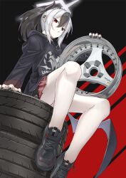 Rule 34 | 1girl, arai kogane, black hair, black hoodie, black horns, black nails, black shoes, blue archive, demon horns, demon wings, earclip, grey hair, grey halo, halo, highres, hood, hoodie, horns, kayoko (blue archive), multicolored hair, red eyes, red skirt, shoes, single wing, sitting, skirt, solo, two-tone hair, unused tire, wings