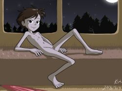 10s 1girl 2018 bad_anatomy breasts brown_eyes brown_hair collarbone dated full_moon highres kitsoone kusakabe_satsuki loli looking_at_viewer lying moon navel night night_sky nipples nude pussy september short_hair sky small_breasts smile star_(sky) starry_sky studio_ghibli tonari_no_totoro tree window