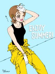 1girl artist_name bare_shoulders black_tank_top blush brown_eyes brown_hair dated gloves hair_ornament hairclip happinesscharge_precure! highres jumpsuit jumpsuit_around_waist oomori_yuuko open_mouth precure sayococco short_hair solo tank_top white_gloves yellow_jumpsuit