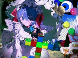 1girl ball blood blood_on_clothes blood_on_face bloody_clothes bloody_dress blue_eyes blue_hair dress fake_transparency fried_egg frilled_hairband frilled_umbrella frills hair_between_eyes hair_ribbon hairband highres holding_block kurehalxxx looking_at_viewer multicolored_hair original pink_blood pink_hair red_ribbon ribbon signature snail solo streaked_hair toy_block two-tone_hair umbrella white_dress