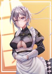 1girl apron azur_lane bellona_(armed_to_clean)_(azur_lane) bellona_(azur_lane) belt black_belt black_shirt breasts buttons chest_strap clothing_cutout earrings frilled_apron frills gloves grey_eyes grey_hair highres irasuto_neko35 jewelry large_breasts maid maid_headdress medium_breasts puffy_sleeves shirt smile solo underboob underboob_cutout white_apron white_gloves