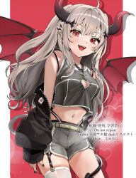 1girl absurdres ahoge bare_shoulders belt black_jacket black_shirt bra_strap breasts cleavage cleavage_cutout clothing_cutout commentary_request commission cowboy_shot crop_top crop_top_overhang demon_girl demon_horns demon_tail demon_wings ear_piercing garter_straps grey_hair grey_shorts heart_cutout highleg highres horns jacket jewelry long_hair long_sleeves looking_at_viewer medium_breasts midriff navel necklace off_shoulder open_mouth original piercing pointy_ears red_eyes shirt short_shorts shorts single_garter_strap single_thighhigh skeb_commission sleeveless sleeveless_shirt smile solo stomach tail tate_yukimi thighhighs thighs white_thighhighs wings