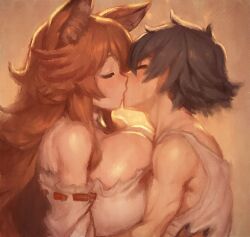1boy 1girl animal_ears black_hair breast_press breasts brown_hair commentary detached_sleeves dog_ears english_commentary hetero huge_breasts kiss original ribbon-trimmed_sleeves ribbon_trim spicyfuse strapless sweatdrop tank_top toned toned_male tube_top white_tank_top