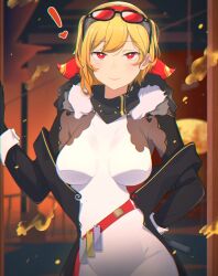 ! 1girl absurdres black_coat black_scarf blonde_hair blush bodystocking bow breasts bright_pupils closed_mouth coat coat_partially_removed commentary contrapposto cowboy_shot deroops double-parted_bangs dress english_commentary eyewear_on_head foundry fur_collar gloves hair_bow hairband hammer hand_on_own_hip highres holding holding_hammer hololive hololive_indonesia impossible_clothes impossible_dress kaela_kovalskia kaela_kovalskia_(1st_costume) light_smile long_sleeves looking_at_viewer mallet medium_breasts medium_hair off_shoulder open_clothes open_coat red-tinted_eyewear red_bow red_eyes red_gloves red_hairband scarf skin_tight solo steam sunglasses swept_bangs tinted_eyewear virtual_youtuber white_dress white_pupils