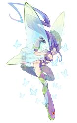 Rule 34 | 1girl, belt, bikini, boots, breasts, bug, butterfly, butterfly wings, cleavage, covered eyes, curtained hair, cyber fashion, digimon, digimon (creature), digimon frontier, facial mark, facing viewer, fairimon, full body, garter straps, gloves, grey gloves, hands up, head-mounted display, head wings, highres, insect, insect wings, leg up, long hair, navel, open mouth, parted bangs, pink garter belt, pink garter straps, purple belt, purple bikini, purple boots, purple hair, shoulder pads, simple background, smile, solo, swimsuit, thigh boots, very long hair, white background, wings, youzaiyouzai112