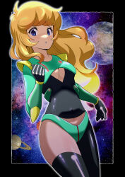 1girl absurdres asymmetrical_legwear black_gloves blonde_hair breasts character_request covered_navel curly_hair earth_(planet) galaga gloves highres long_hair looking_at_viewer mismatched_legwear planet solo spacesuit star_(sky) toku_sonchou