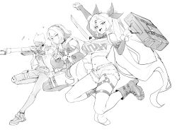 1boy 2girls :d absurdres anby_demara arm_up billy_kid boots breasts briefcase cleavage closed_mouth crop_top dual_wielding firing full_body fur-trimmed_shorts fur_trim greyscale gun hair_ornament hair_ribbon hairclip handgun highres holding holding_briefcase holding_sword holding_weapon jacket jewelry jumping knee_pads large_breasts long_hair looking_at_viewer mask midriff mole mole_under_eye monochrome multiple_girls navel necklace nicole_demara o-ring o-ring_thigh_strap open_clothes open_jacket open_mouth pants parack ribbon shoes short_hair short_shorts shorts single_knee_pad sketch smile sneakers sword thigh_strap thighhighs v very_long_hair weapon zenless_zone_zero