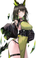 1girl ahoge arknights belt black_hair breasts dress green_dress green_eyes green_hair highres large_breasts medium_hair mon3tr_(arknights) multicolored_hair ru_zhai simple_background solo sweat tail thigh_belt thigh_strap two-tone_hair white_background