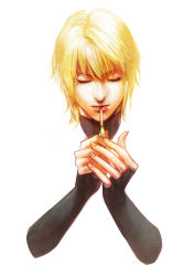 1boy blonde_hair cigarette disembodied_hand closed_eyes genjou_sanzou highres magatsumagic male_focus saiyuki smoking solo