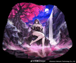1girl absurdres breasts cherry_blossoms cleavage copyright_notice girls&#039;_frontline girls&#039;_frontline_neural_cloud highres large_breasts long_hair looking_at_viewer moon night official_art on_rock purple_eyes purple_hair rock sangoma_(neural_cloud) sitting solo tree vinegar_kira wading water waterfall watermark weibo_username weibo_watermark