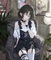 1girl absurdres alternate_costume ayanami_rei bare_shoulders black_choker black_garter_straps black_hair black_overalls black_skirt blue_archive blue_hair blush chair character_request choker copyright_request ear_piercing garter_straps hair_between_eyes highres jewelry looking_at_viewer misaki_(blue_archive) multiple_rings neon_genesis_evangelion off-shoulder_shirt off_shoulder on_chair open_mouth overalls piercing pink_eyes red_eyes ring shirt short_hair short_sleeves signallerc sitting skirt solo striped_clothes striped_thighhighs thighhighs white_shirt white_skirt white_thighhighs