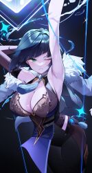 1girl absurdres armpits arms_up asymmetrical_gloves bare_shoulders bead_choker blue_hair blush bob_cut breasts cleavage diagonal_bangs dice elbow_gloves feather-trimmed_jacket feather_collar fur-trimmed_jacket fur_trim genshin_impact gloves green_eyes highres jacket jacket_on_shoulders jewelry large_breasts mismatched_gloves mole mole_on_breast neck_tassel one_eye_closed parted_lips presenting_armpit short_hair single_elbow_glove smile solo sungnyung15 tassel_choker vision_(genshin_impact) waist_cutout yelan_(genshin_impact)