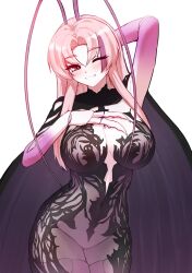 1girl ;) alternate_costume antennae arm_behind_head arm_up arthropod_limbs black_cape black_dress blush breasts cape cgator chronopattern_dress claws cleavage cockroach_girl commentary dress eyes_visible_through_hair fanged_bangs hand_on_own_chest highres large_breasts long_hair looking_at_viewer matara_kan meme_attire monster_girl multicolored_hair navel one_eye_closed parted_lips pink_hair purple_hair red_eyes revealing_clothes sidelocks simple_background single_hair_streak slit_pupils smile solo streaked_hair symbol-only_commentary virtual_youtuber vshojo white_background