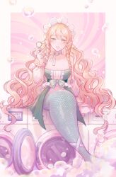 1girl blonde_hair blue_scales blue_tail bow bow_choker braid breasts choker cleavage collarbone commentary_request dress dress_bow green_choker green_dress green_eyes highres liliantsai0417 mermaid monster_girl navel original scales soap_bubbles solo stomach twin_braids washing_machine
