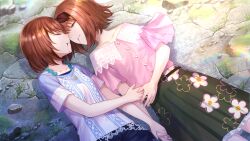 2girls bare_shoulders black_hairband blood blood_from_mouth blue_shirt blue_shorts bob_cut closed_eyes collarbone crack cracked_floor double_suicide game_cg green_skirt hairband holding_hands implied_death incest lying medium_skirt multiple_girls non-web_source off-shoulder_shirt off_shoulder official_art on_back otori_ai parted_lips pink_shirt pleated_skirt shirt short_hair short_sleeves shorts skirt spoilers suicide yanagiya_kokoro yumeutsutsu_re:master yuri