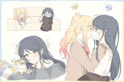 2girls absurdres black_hair blonde_hair blush brown_shirt closed_eyes closed_mouth colored_tips commentary_request grey_eyes hair_between_eyes highres hoshino_ichika_(project_sekai) kissing_through_mask long_hair long_sleeves mask miyamasuzaka_girls&#039;_academy_school_uniform mouth_mask multicolored_hair multiple_girls neckerchief pann_(1202zzzx00) pink_hair project_sekai red_neckerchief school_uniform serafuku shirt sick sidelocks sweatdrop tenma_saki twintails under_covers white_shirt yuri