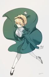 1girl aigis_(persona) android aqua_dress black_shoes blonde_hair blue_eyes dancing dress full_body green_dress highres long_dress long_sleeves meameeea metal_hairband official_alternate_costume parted_lips persona persona_3 robot_ears robot_girl shoes short_hair solo sundress