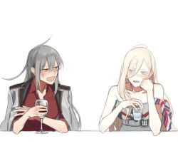 2girls alcohol anger_vein armband bare_shoulders birdry blonde_hair blue_eyes chinese_commentary commentary_request cup dress dress_shirt drinking_glass facial_scar gangut_(kancolle) glass grey_hair hair_between_eyes jacket jacket_on_shoulders kantai_collection long_hair looking_at_viewer military_jacket mole mole_under_eye mole_under_mouth multiple_girls open_mouth red_eyes red_shirt richelieu_(kancolle) scar scar_on_cheek scar_on_face shirt short_sleeves shot_glass simple_background two-tone_dress vodka white_background wine wine_glass