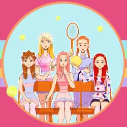 5girls absurdres animification ball blonde_hair blue_background braided_twintails brown_hair chalseu circle commentary english_commentary highres holding holding_ball holding_racket holding_scissors irene_(red_velvet) joy_(red_velvet) k-pop looking_at_viewer medium_hair multiple_girls orange_hair pink_background pink_hair racket real_life red_hair red_velvet_(group) scissors seulgi_(red_velvet) sitting striped_clothes tennis_ball twintails vertical-striped_clothes wendy_(red_velvet) yeri_(red_velvet)