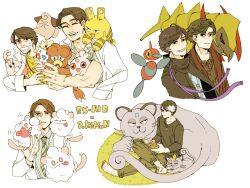 6+boys absurdres alolan_form alolan_meowth alolan_persian anger_vein armor axe barefoot black_coat black_eyes black_hair black_shirt blue_shirt book brown_coat brown_hair brown_shirt cat claws cleffa closed_eyes closed_mouth coat coat_on_shoulders coin collared_shirt cotton_candy creatures_(company) crossover cuddling curly_hair dragon egg eggshell elekid fangs floating floral_print game_freak gen_2_pokemon gen_4_pokemon gen_5_pokemon gen_6_pokemon gen_7_pokemon gold_coin grass green_necktie green_pants grin happiny hawaiian_shirt haxorus highres holding holding_book igglybuff jewelry kamen_rider kamen_rider_ex-aid_(series) lab_coat lizard magby multicolored_hair multiple_boys name_tag necklace necktie nintendo on_grass orb pants pokemon pokemon_(creature) porygon-z reading red_eyes shirt sitting sleeping smile swirlix togepi tongue tongue_out tooth_necklace tug two-tone_hair ume_tuube ume_tuuube veins whiskers white_background white_hair yaoi yellow_eyes yellow_shirt