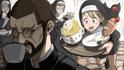 1boy 3girls absurdres accident bare_legs beard black_footwear black_hair blonde_hair bread character_request cherry_tomato clumsy clumsy_nun_(diva) diva_(hyxpk) drinking egg egg_(food) facial_hair father_(diva) food freckles_nun_(diva) fried_egg glasses habit highres kangaroo little_nuns_(diva) monk multiple_girls nun priest revision round_eyewear short_hair slice_of_life soup spilling tea tomato traditional_nun tripping vegetable veil