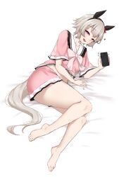 1girl absurdres animal_ears barefoot bed black_hairband blush bow cellphone commentary_request curren_chan_(umamusume) ear_bow ear_covers feet full_body grey_hair hair_between_eyes hairband highres holding holding_phone horse_ears horse_girl horse_tail noe_(ppppriver) on_bed open_mouth pajamas phone pink_bow pink_pajamas purple_eyes red_bow short_hair simple_background sleepwear smartphone smile tail toes umamusume white_background
