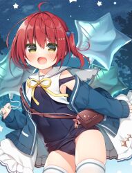 1girl :d ahoge bag black_one-piece_swimsuit blue_jacket blush bow cloud commentary_request covered_navel dress fang green_eyes hair_between_eyes hair_bow hanamiya_natsuka jacket leaning_forward long_sleeves looking_at_viewer neck_ribbon night night_sky old_school_swimsuit one-piece_swimsuit open_clothes open_dress open_jacket open_mouth original outdoors red_hair ribbon school_swimsuit shoulder_bag sky sleeves_past_wrists smile solo standing star_(sky) star_balloon starry_sky strap_slip swimsuit swimsuit_under_clothes thighhighs twintails white_dress white_thighhighs yellow_ribbon
