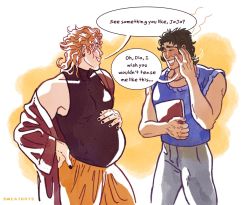 2boys big_belly black_nails blonde_hair blue_shirt brown_hair dio_brando english_text grey_pants hand_on_own_stomach holding jojo_no_kimyou_na_bouken jonathan_joestar looking_at_another male_pregnancy medium_hair multiple_boys nail_polish pants pregnant shirt sleeveless smile speech_bubble standing sweatbots what yaoi yellow_pants