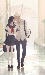 Rule 34 | 1boy, 1girl, arm behind back, bag, bandaid, bandaid on cheek, bandaid on face, black hair, blonde hair, blue sailor collar, blue scrunchie, blue skirt, blush, bracelet, breasts, brown shoes, building, closed eyes, cloud strife, cloud strife (midgard seventh high school), commentary request, couple, cropped shirt, facing another, facing to the side, final fantasy, final fantasy vii, final fantasy vii ever crisis, full body, hair ornament, hair scrunchie, hand in pocket, height difference, highres, holding, holding bag, holding umbrella, imminent kiss, jewelry, kiss, kneehighs, long hair, low-tied long hair, medium breasts, midriff peek, miniskirt, mixmomo yah, neckerchief, official alternate costume, outdoors, pants, plant, pleated skirt, potted plant, rain, red neckerchief, sailor collar, school uniform, scrunchie, serafuku, shared umbrella, shirt, shoes, short hair, short sleeves, shoulder bag, skirt, sleeves rolled up, socks, spiked hair, tifa lockhart, tifa lockhart (midgard seventh high school), umbrella, walking, wet floor, white serafuku, white shirt, white socks
