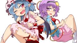 2girls black_hairband blue_hair blue_shirt dress frilled_dress frills hairband hat hemogurobin_a1c komeiji_satori mob_cap multiple_girls open_mouth pink_dress pink_skirt pointy_ears purple_eyes purple_hair red_eyes remilia_scarlet shirt short_hair skirt torn_clothes touhou