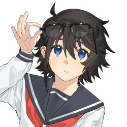 1girl black_hair black_sailor_collar blue_eyes bracelet eyewear_lift heart-shift_bracelets highres jewelry jiguang_haibao long_sleeves looking_at_viewer momijiyama_teru neckerchief parted_lips red_neckerchief sailor_collar school_uniform semi-rimless_eyewear serafuku shirt short_hair shy_(series) teeth white_shirt white_stripes