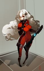 Rule 34 | 1girl, absurdres, alpha (alpha 1918), artist name, black gloves, bodysuit, boots, breasts, clenched teeth, colored sclera, corner, cosplay, deo artist, fingerless gloves, fluffy, fluffy hair, gloves, grey background, gun, hair ornament, hand on own face, highres, holding, holding gun, holding weapon, lace-up boots, long hair, looking at viewer, medium breasts, morgan yu, morgan yu (cosplay), non-web source, original, prey (2017), red bodysuit, red eyes, red sclera, shotgun, side zipper, signature, solo, teeth, thigh strap, very long hair, weapon, white hair, zipper, zipper pull tab