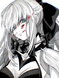 1girl black_bow blood blood_on_face blue_eyes bow euhage73 fate/grand_order fate_(series) hair_between_eyes hair_bow highres long_hair looking_at_viewer monochrome morgan_le_fay_(fate) morgan_le_fay_(third_ascension)_(fate) ponytail simple_background smile solo spikes white_hair