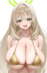 1girl absurdres bikini blue_archive blush breasts brown_hair cleavage green_eyes green_halo halo highres long_hair looking_at_viewer micro_bikini nonomi_(blue_archive) nonomi_(swimsuit)_(blue_archive) official_alternate_costume open_mouth skindentation smile solo string_bikini swimsuit upper_body vrmm8824 yellow_bikini