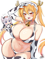2girls :3 absurdres animal_print bikini blonde_hair breasts cosplay cow_print cow_print_bikini curvy elbow_gloves fang gloves highres horns huge_breasts kanna_kamui kigurumi kobayashi-san_chi_no_maidragon looking_at_viewer multiple_girls navel no_tail print_bikini stomach swimsuit tail thighhighs tohru_(maidragon) usada_mimiz w wide_hips yellow_eyes