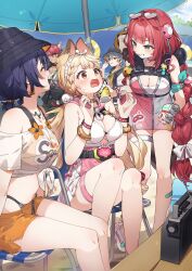 2boys 3girls absurdres alice_thymefield alice_thymefield_(sea_of_thyme) animal_ears belle_(summer_skies)_(zenless_zone_zero) belle_(zenless_zone_zero) bikini black_hat blonde_hair blue_hair blue_sky bow breasts bucket_hat cloud day eyewear_on_head hat heart heart-shaped_eyewear highres komano_manato long_hair looking_at_another low_twintails medium_breasts multiple_boys multiple_girls official_alternate_costume one-piece_swimsuit open_mouth orange_bikini outdoors parasol rabbit_ears rabbit_girl red_bow short_hair sitting sky smile summer sunglasses swimsuit twintails ukinami_yuzuha ukinami_yuzuha_(tanuki_in_broad_daylight) umbrella wise_(peaceful_waves)_(zenless_zone_zero) wise_(zenless_zone_zero) yukie_(kusaka_shi) zenless_zone_zero
