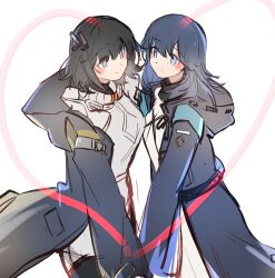 2girls arknights arknights:_endfield arya_melati black_coat black_hair blue_hair blush closed_mouth coat commentary cowboy_shot crossover doctor_(arknights) endministrator_(arknights) english_commentary female_doctor_(arknights) female_endministrator_(arknights) hair_ornament heart highres hood hood_up hooded_coat long_hair long_sleeves multiple_girls no_mask open_clothes ribbed_sweater smile sweater white_background white_sweater