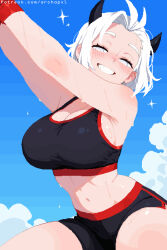 1girl :d antenna_hair archapxl black_shorts black_sports_bra blue_sky blush breasts bright_pupils cloud cloudy_sky crop_top demon_girl demon_horns forehead helltaker highres horns justice_(helltaker) large_breasts looking_at_viewer navel open_mouth pixel_art short_shorts shorts sky smile solo sports_bra sweat white_eyes white_pupils
