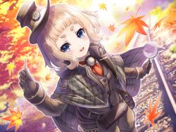 1girl autumn autumn_leaves blonde_hair blue_eyes blush capelet character_request flat_chest gloves hat highres jacket leaf looking_at_viewer magnifying_glass maitetsu official_art open_mouth outdoors rail_romanesque railroad_tracks short_eyebrows short_hair shorts smile solo taue_shunsuke