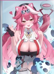 Rule 34 | 1girl, absurdres, animal ears, artist glove, black tube top, breasts, brown eyes, chattino (raora panthera), claw pose, cleavage, commentary, english commentary, goggles, goggles on head, hair intakes, heart, highres, hololive, hololive english, large breasts, layunaart, leaning forward, long hair, looking at viewer, open mouth, panther ears, panther girl, panther tail, pink hair, raora panthera, raora panthera (1st costume), shirt, shorts, strapless, tail, tube top, very long hair, virtual youtuber, white shirt, white shorts