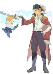 2boys aged_down ahoge america_(hetalia) artist_request ascot axis_powers_hetalia baggy_pants belt black_belt black_boots black_hat black_pants blonde_hair blue_eyes boots bow bowtie child closed_mouth coat collared_shirt dated epaulettes flower gem gloves green_eyes green_gemstone hand_on_own_hip hand_up hat hat_flower hat_ornament highres holding holding_sword holding_weapon lapels long_sleeves looking_at_another male_focus multiple_boys open_clothes open_coat orange_hair pants pink_bow pink_bowtie pink_flower pink_rose pirate_hat red_coat rose shirt short_hair standing sword tentacles tongue tongue_out united_kingdom_(hetalia) weapon white_ascot white_flower white_gloves white_shirt