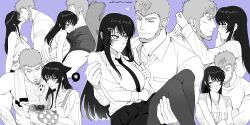 1boy 1girl absurdres animal_ears apron arm_hair artist_request beard borrowed_character breasts burnt_food carrying cat_ears chest_hair commentary_request degrees_of_lewdity doren_(degrees_of_lewdity) doren_(male)_(degrees_of_lewdity) facial_hair greyscale_with_colored_background hair_ornament hairclip heart hetero highres hug kiss korean_commentary large_breasts muscular muscular_male oven_mitts player_character_(degrees_of_lewdity) player_character_(female)_(degrees_of_lewdity) princess_carry purple_background second-party_source tank_top topless_male towel towel_on_one_shoulder yuri_(dy0urre1n)