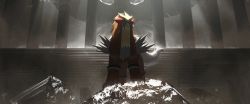 absurdres asteroid_ill commentary_request entei from_below gen_2_pokemon highres ho-oh huge_filesize legendary_pokemon looking_to_the_side nintendo no_humans pillar pokemon pokemon_(creature) ruins solo stairs