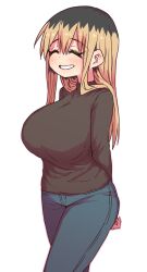 1girl :d arms_behind_back black_hair black_shirt blonde_hair blush breasts brown_hair closed_eyes denim highres jeans kinjo_no_hito_no_nakimushi large_breasts long_sleeves multicolored_hair ochiai_(kinjo_no_hito_no_nakimushi) open_mouth pants shirt simple_background smile two-tone_hair white_background zyugoya